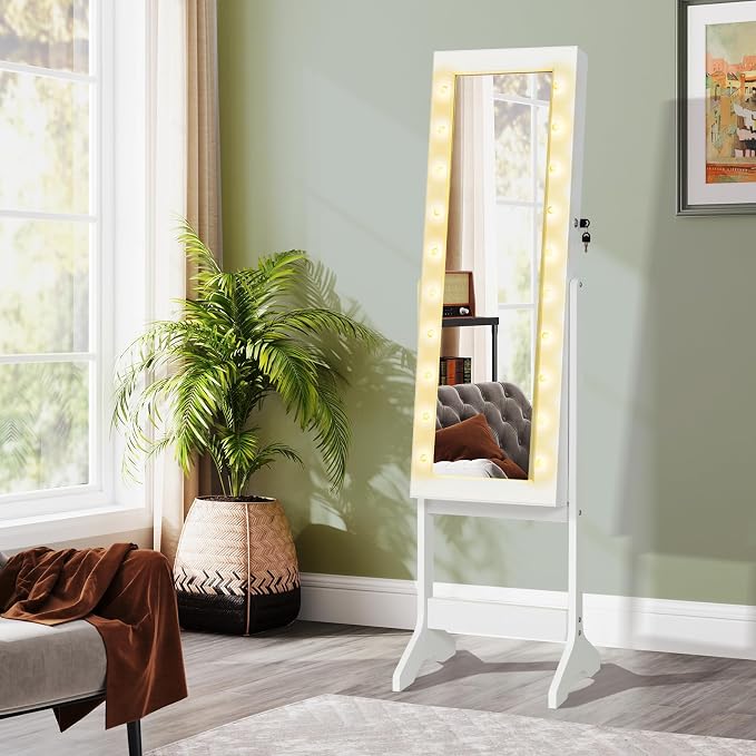 GOFLAME Jewelry Armoire Cabinet Standing, Lockable Full Length Mirror with Storage Shelves and 2 Drawers, Adjustable Tilt Angles, Stand Up Jewelry Box with Lighted Mirror (White)