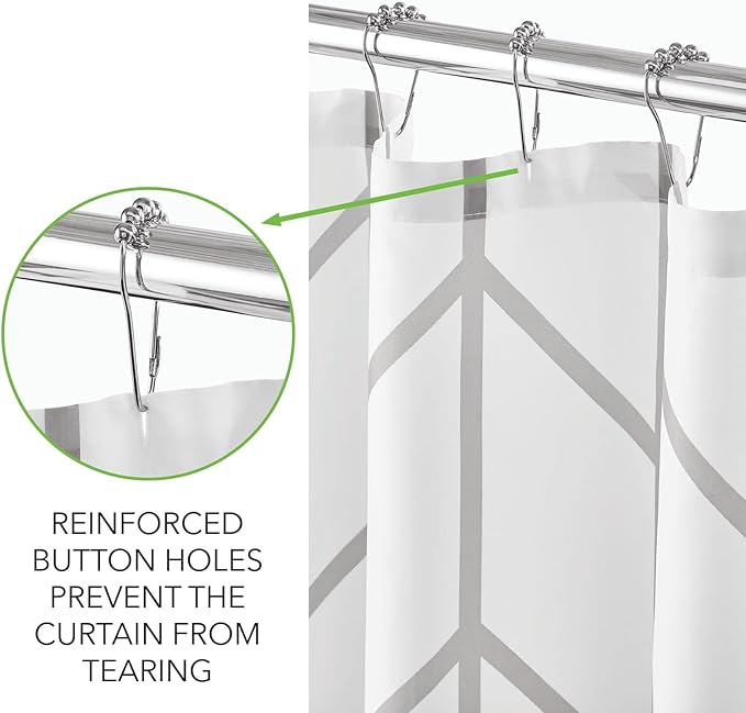 mDesign Fabric Geometric Shower Curtain - Herringbone Chevron Print with Reinforced Buttonholes for Master/Guest Bathroom - Machine Washable & Water Resistant Curtains, 72" x 72", Gray/White