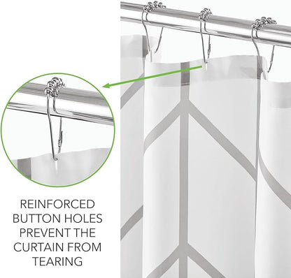 mDesign Fabric Geometric Shower Curtain - Herringbone Chevron Print with Reinforced Buttonholes for Master/Guest Bathroom - Machine Washable & Water Resistant Curtains, 72" x 72", Gray/White