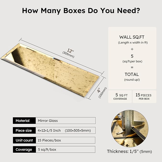 Peel and Stick Beveled Mirror Tile, Light Antique with Gold, 4x12 Inch, Mirror Backsplash for Kitchen Bar Bathroom Wall Tile (5 Sq.ft, 15 Pcs)