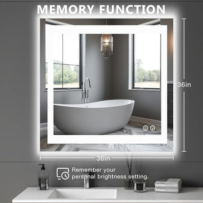 DUMOS 36.1"x36.1" LED Bathroom Mirror, Bathroom Vanity Mirror | Smart Anti-Fog, Front Light and Backlit, 3 Color Temperatures, Dimmable, Memory Function