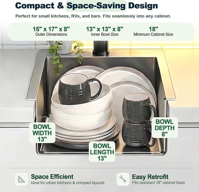 15 inch Bar Sink Drop in, 304 Stainless Steel Sink Single Bowl, 15"x17"x8" Small Sink Topmount for Wet Bar, Prep, RV, Apartment and Tiny Homes, Brushed