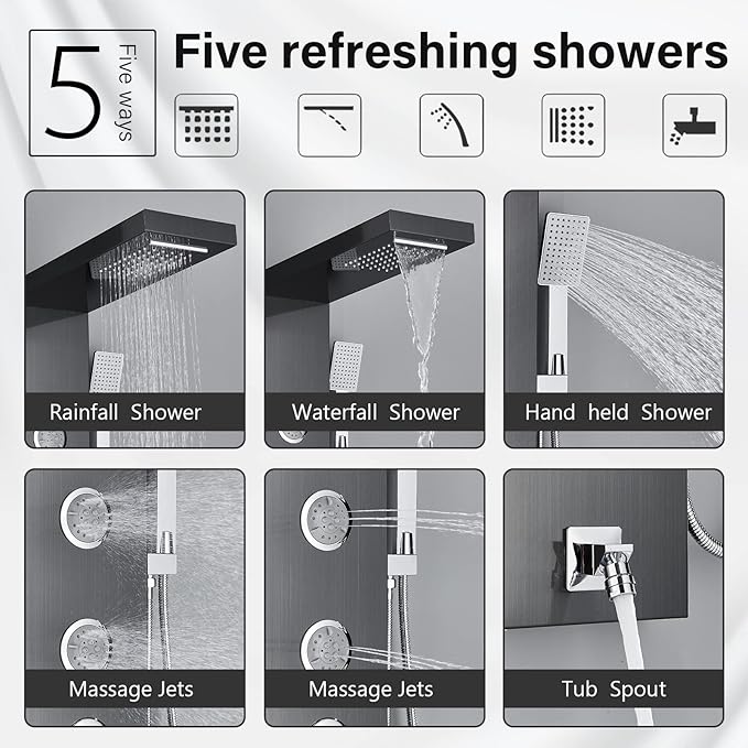 AlenArt Shower Panel Tower System, Multi Function Shower System with Body Jets, Handheld Sprayer, Rainfall Waterfall Shower Head and Tub Spout Stainless Steel Wall Mount Shower Panels Black
