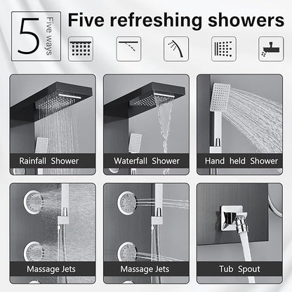 AlenArt Shower Panel Tower System, Multi Function Shower System with Body Jets, Handheld Sprayer, Rainfall Waterfall Shower Head and Tub Spout Stainless Steel Wall Mount Shower Panels Black