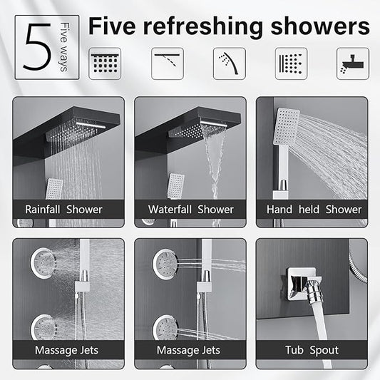 AlenArt Shower Panel Tower System, Multi Function Shower System with Body Jets, Handheld Sprayer, Rainfall Waterfall Shower Head and Tub Spout Stainless Steel Wall Mount Shower Panels Black