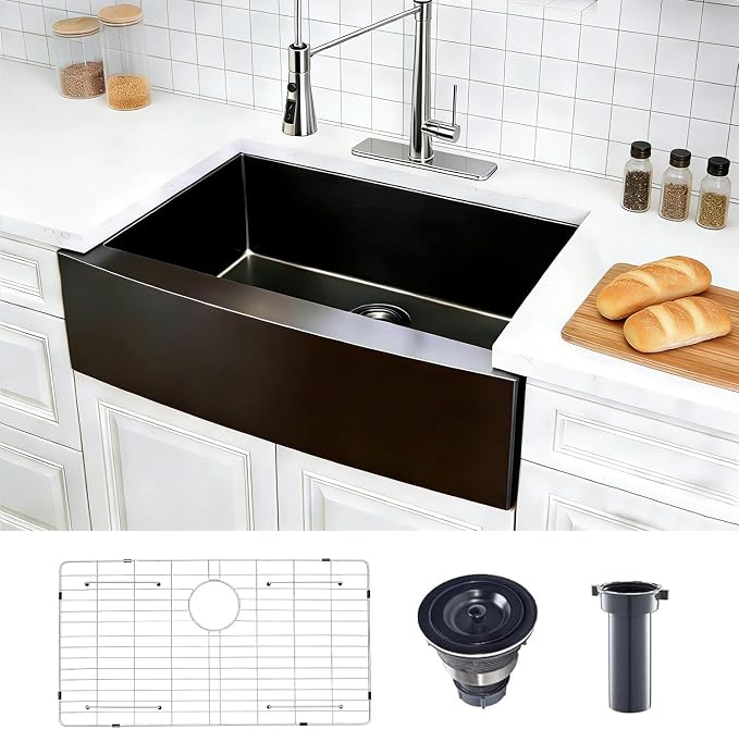 Black Farmhouse Sink 33 Inch, 33x22 Apron Front Farmhouse Kitchen Sink, 16 Gauge Stainless Steel Undermount Deep Single Bowl Luxury Rustic Farm Sinks with Dish Grid and Drainer