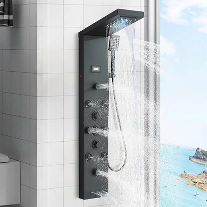 FUZ Shower Panel Tower System, Stainless Steel 6 IN 1 Shower Panel System with LED Fancy Rain Shower Head and Handheld, Adujstable Rainfall Massage Body Jets and Tub Spout, Matte Black Shower Tower