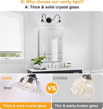Farmhouse Bathroom Vanity Light Fixtures 2 Lights Matte Black Vanity Lights for Bathroom with Floral Crystal Glass Shade Wall Lighting Fixtures Over Mirror(Exclude E26 Bulb)