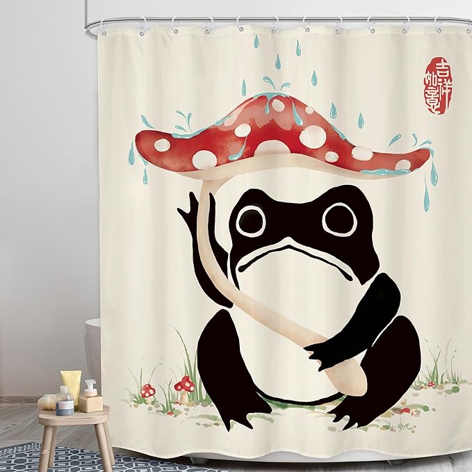 LGhtyro Funny Frog Shower Curtain Bathroom Set 60Wx71H Inches Mushroom Asian Traditional Art Japanese Lovely Hilarious Black Beige Red Bath Accessories Cute Animal Art Home Decor Fabric 12 Pack Hooks