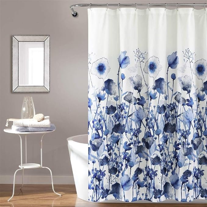 Lush Decor Zuri Flora Shower Curtain-Fabric Watercolor Floral Print Design, x 72”, Navy