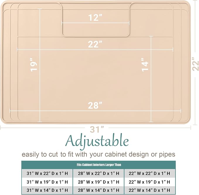 The Original Under Sink Mat - Silicone Waterproof mat, Trimmable, Easy to Clean, Kitchen cabinet liner, Under sink protector mats, Drip Tray with Lip (Beige, 31" x 22") or smaller