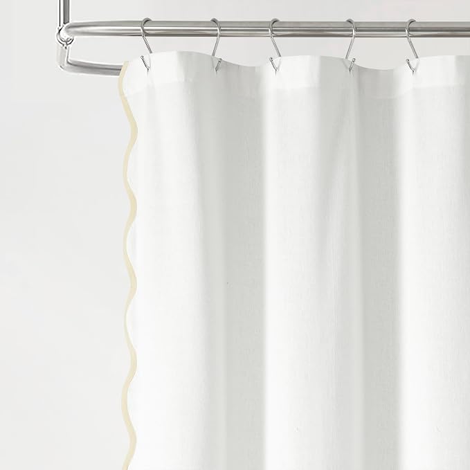 Lush Decor Coastal Chic Scallop Edge Linen-Textured Shower Curtain, Single 72" W x 72" L, Neutral & White - Scalloped Shower Curtains - Coastal Bathroom Curtain