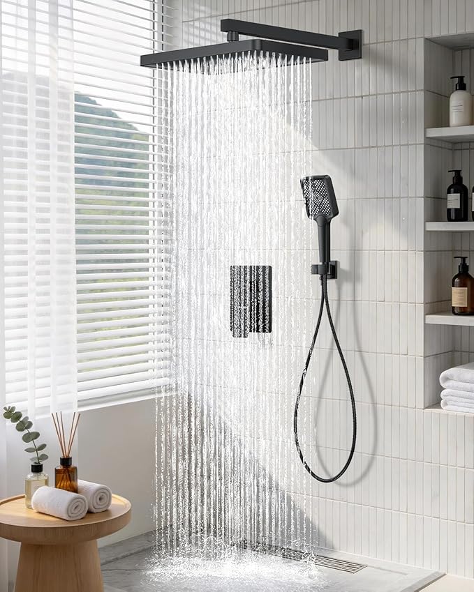 Matte Black 13-Inch Rainfall Shower System - Premium Shower Head & Handheld Sprayer, Complete Bathroom Set with Faucet Mixer Trim Kit & Valve