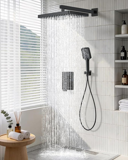 Matte Black 13-Inch Rainfall Shower System - Premium Shower Head & Handheld Sprayer, Complete Bathroom Set with Faucet Mixer Trim Kit & Valve