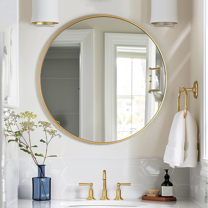 Gold Round Mirror, 24 inch Circle Mirror, Brushed Gold Metal Frame | High Definition, Waterproof, Rust-resistant, Circle Mirror for Bathroom, Bedroom, Entryway, Living Room, Wall Décor