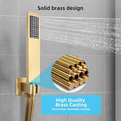 Bathroom Shower Faucet Set，10 Inch Rain Shower Head with Handheld Spray，Brass Shower Valve Trim Kit，Wall Mounted Square Rain Shower System (Brushed Gold)