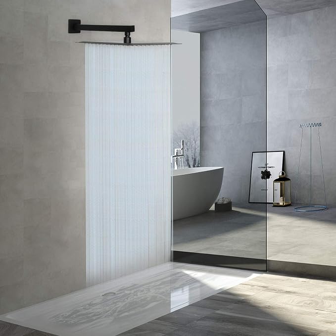 Shower Head with Extension Arm, High Pressure Square with ShowerArm, Stainless Steel Rainfall -Waterfall Full Body Coverage (12'' Shower with 16'' Arm, Matte Black)