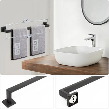 NearMoon 5 Pieces Bathroom Hardware Set 304 Stainless Steel, Square Towel Rack Kit - 24" Towel Rod + Towel Ring + Toilet Paper Holder + 2 Robe Hooks, Wall Mounted Bath Accessories (Matte Black)