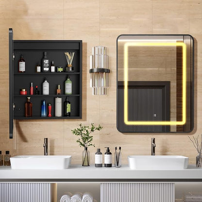 APRILSOUL 24x30 Inch Lighted Bathroom Medicine Cabinet with Mirror, Black Recessed or Surface Mount Medicine Cabinet Mirror with Storage and LED Lights, 3 Colors Temperature, Dimmable Light