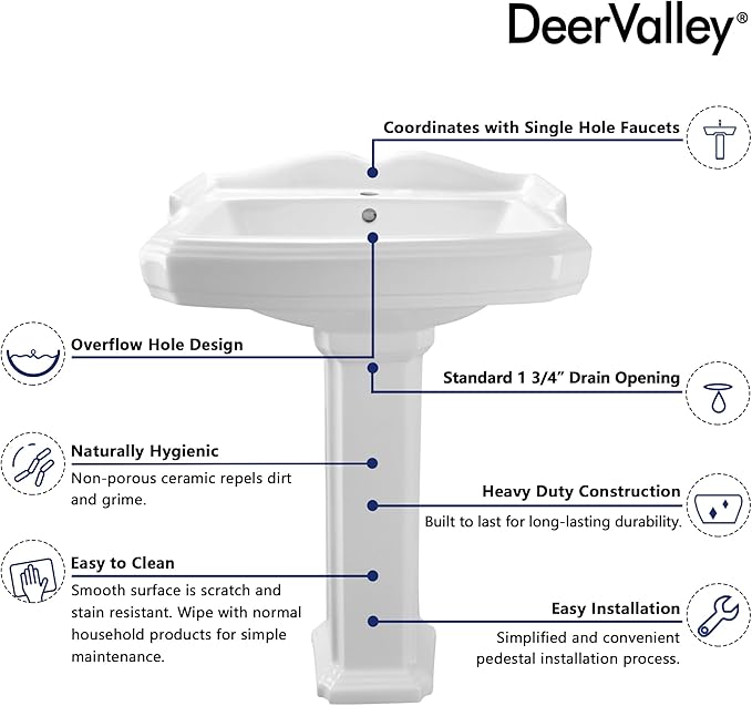 DeerValley Dynasty 23x19 Inch White Ceramic Pedestal Bathroom Sink with Overflow, Single Faucet Hole, DV-1P52201