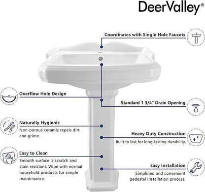 DeerValley Dynasty 23x19 Inch White Ceramic Pedestal Bathroom Sink with Overflow, Single Faucet Hole, DV-1P52201