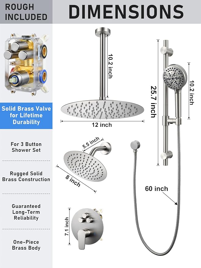 Woindo Shower Faucet Set with Slide Bar, 12" Rain Shower Head/8'' Side Shower Head and 10 Setting Handheld Ceiling Mount 3 Push Button Diverter Complete Rainfall Shower System Included Valve Trim Kit