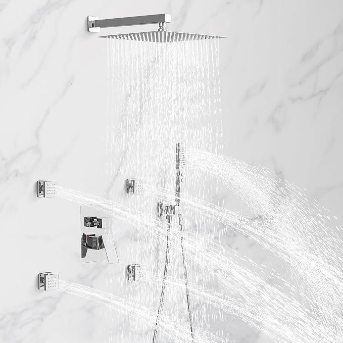 RUMOSE Rainfall Shower System with 4 Full Body Jet 4 Mode Shower Faucet Set | 12 Inch Rain Shower Head, 2 in 1 Handheld Spray, Polished Chrome Brass Shower Jet Shower Fixtures, Wall Mounted