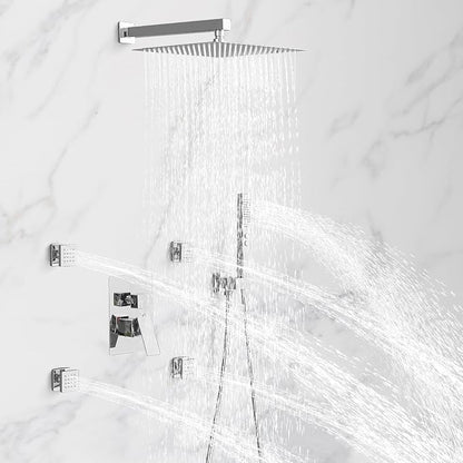 RUMOSE Rainfall Shower System with 4 Full Body Jet 4 Mode Shower Faucet Set | 12 Inch Rain Shower Head, 2 in 1 Handheld Spray, Polished Chrome Brass Shower Jet Shower Fixtures, Wall Mounted