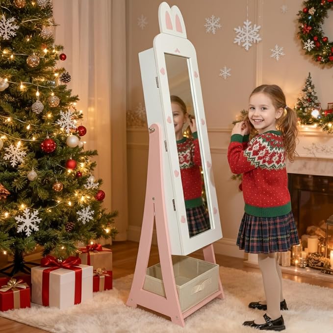 Karl home 45.5" Kids Jewelry Armoire with Mirror, White | Standing Organizer with Removable Drawers, Cute Rabbit-Shaped Dress Up Cabinet for Little Girls