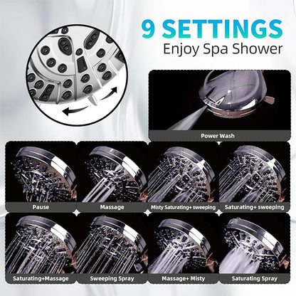 BESAQUO 9 Functions High Pressure Shower Head with Handheld,Built-in Pause Mode&Power Wash,Non-Clogging Nozzles,6ft Hose&Bracket