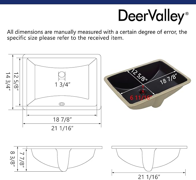 DeerValley DV-1U0086 Ally Undermount Bathroom Sink 21'' x 15'' Rectangular Bathroom Undermount Sink Vitreous China Bathroom Sink with Overflow, Matte Black