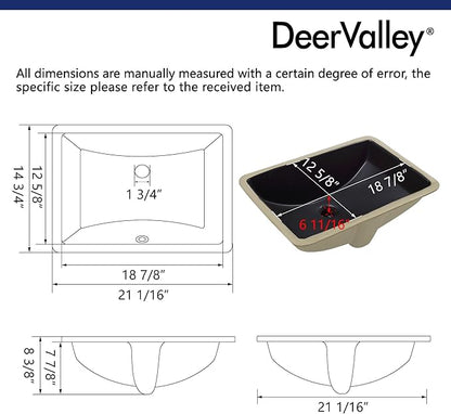 DeerValley DV-1U0086 Ally Undermount Bathroom Sink 21'' x 15'' Rectangular Bathroom Undermount Sink Vitreous China Bathroom Sink with Overflow, Matte Black