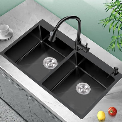 Black 33x22In Drop-in Kitchen Sink, Stainless Steel,50/50 Equal Double Bowl | Modern Topmount Kitchen Sink Combo, Include SS Grid,Silicon Mat,Soap Dispenser, Compatibility With Various Kitchen Style