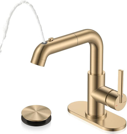 Champagne Bronze Pull Down Bathroom Faucet 1 Handle Vanity Faucet | Pull Out Bathroom Faucet with Pop Up Drain & 6 Inch Deck Plate, Lead-Free cUPC & NSF Certified, 1 Hole Faucet for Vanity RV