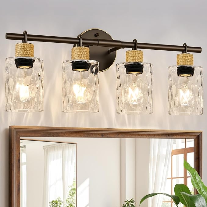 Bathroom Light Fixtures, 4-Light Coastal Vanity Lights with Crystal Glass Shade, Oil-Rubbed Bronze Bathroom Wall Lamp for Mirror Kitchen Hallway Cabinet