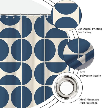 Dark Blue Mid Century Modern Shower Curtain, Boho Abstract Geometric Retro Art Shower Curtains for Bathroom, Colorful Unique Pattern Polyester Fabric Shower Curtain Set 12 Hooks 72X72IN