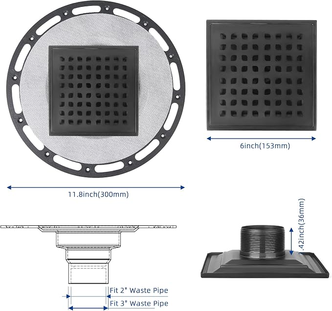 6-Inch Square Shower Drain Kit with Bonding Flange, Matte Black | Removable 304 stainless steel grate with hair strainer; fits 2- and 3-inch pipes for tiled shower floors and wet areas