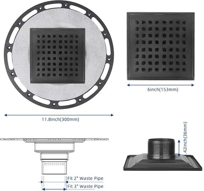 6-Inch Square Shower Drain Kit with Bonding Flange, Matte Black | Removable 304 stainless steel grate with hair strainer; fits 2- and 3-inch pipes for tiled shower floors and wet areas