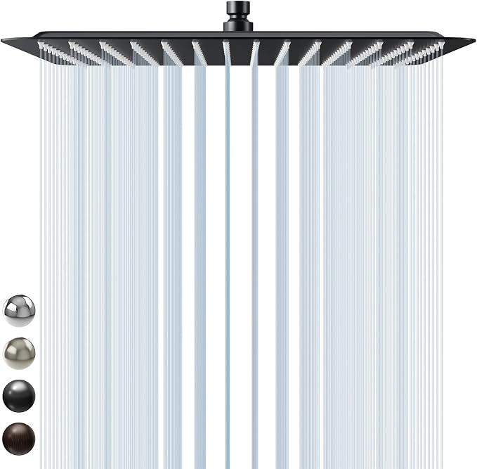 SR SUN RISE Luxury 16 Inch Extra Large Square Stainless Steel Shower Head High Pressure Rainfall Showerhead Ultra Thin Water Saving Matte Black 2.5 Gpm