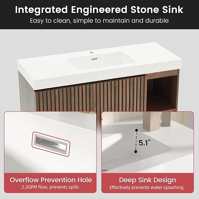 48" Bathroom Vanity with Sink, Freestanding Single Sink Bathroom Vanity with White Engineered Stone Top & Open Side Storage, Soft-Closing Doors with Adjustable Shelf, Walnut