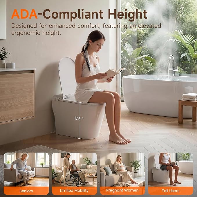 Non-Electric Bidet Toilet, One Piece Elongated Smart Toilet with Air Pressure-Assisted Flush, ADA Comfort Height, Foot Kick & Side Button Flush, 1.0 GPF, 12" Rough-In