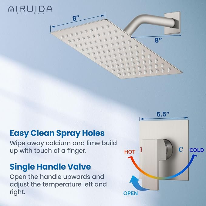 Airuida Brushed Nickel Shower Faucet Set,8 Inch Shower Valve Kit | Square Showerhead,Female Thread Rough-in Valve,Bathroom Rain Shower System,Single Function Handle