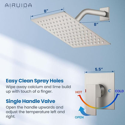 Airuida Brushed Nickel Shower Faucet Set,8 Inch Shower Valve Kit | Square Showerhead,Female Thread Rough-in Valve,Bathroom Rain Shower System,Single Function Handle