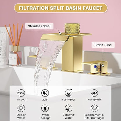 Brushed Gold Bathroom Faucet 3 Hole, 8 Inch Widespread Waterfall Bathroom Sink Faucet with Filter, Includes Metal Pop-Up Drain and Supply Hoses, Perfect for Vanity, Restroom, Sink, Rv