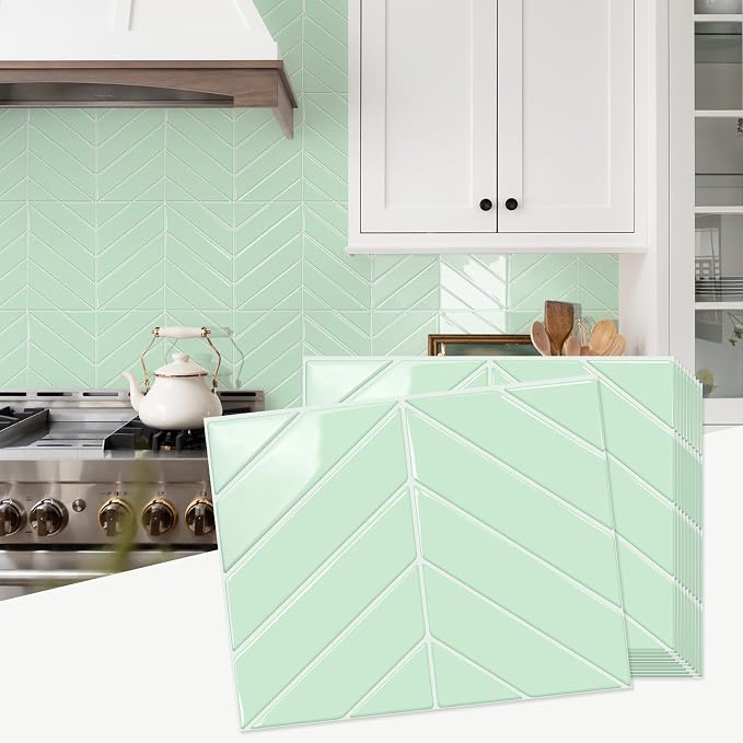 STICKGOO Herringbone Peel and Stick Backsplash, Light Green, 10 Sheets | 12.6 x 9.7 in, Thicker Rectangular Vinyl Stick-On Wall Tiles, Easy Alignment, Waterproof, Easy to Clean, Kitchen/Bathroom