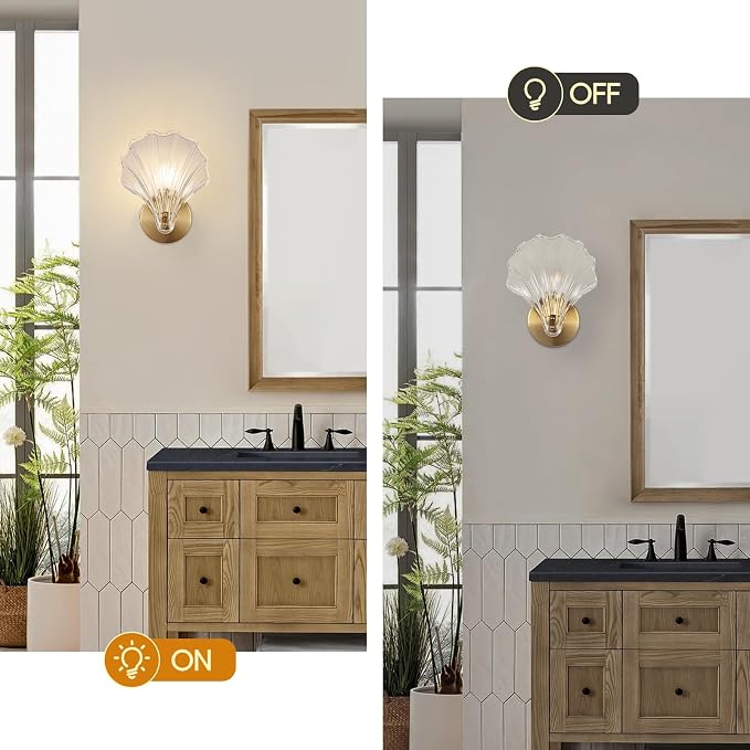 2 Pack Gold Glass Wall Sconces Crystal Wall Light with Clear Shell Shaped Glass Shades, Mid Century Gold Vanity Light Brass Bathroom Light Fixtures Beside The Mirror for Bedroom Porch Indoor
