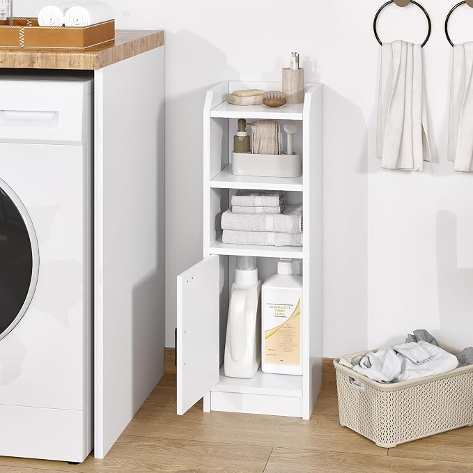 Narrow Bathroom Storage Cabinet with Door & Adjustable Shelf, 9.8" W Slim Storage Cabinet for Small Spaces, Skinny Toilet Paper Cabinet, 9.8" W × 7.9" D × 29.5" H, White