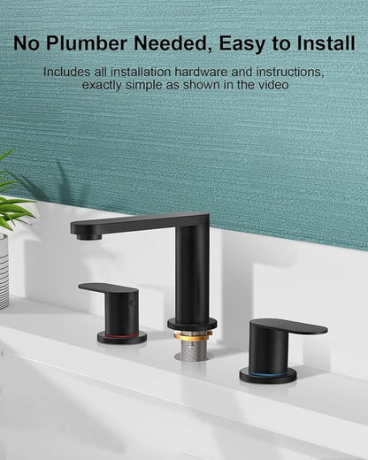 BWE Matte Black Bathroom Faucet 3 Hole - 8 Inch Widespread Bathroom Sink Faucet, Pop-up Drain and Supply Lines, 360° Swivel Spout 2-Handle Black Vanity Faucets for Bath