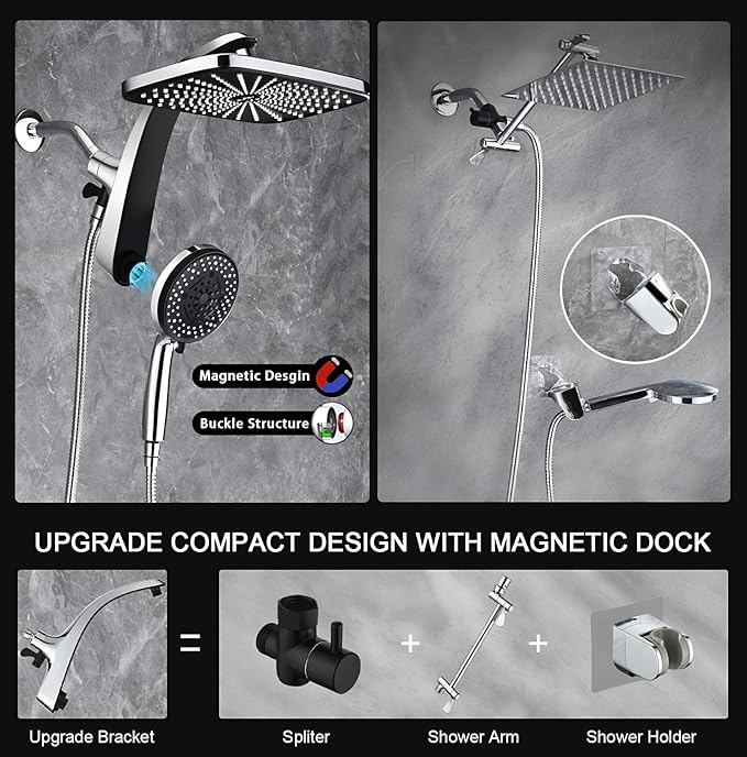 12" High Pressue Rain Shower Head with Handheld, 9 Sprays Hand Showerhead | Shower Heads with Handheld Spray Combo, Dual Head, Built-in Magnetic Docking, Power Jets, 59" Shower Hose, Chrome 1.8GPM