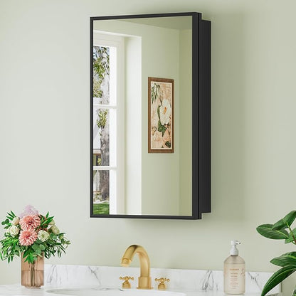 Buruis 14"x 24" Small Framed Medicine Cabinet with Mirror, Compact Recessed or Wall Mounted Bathroom Cabinet, Adjustable Tempered Glass Shelves, Left/Right Open Reversible, No Assembly Required, Black